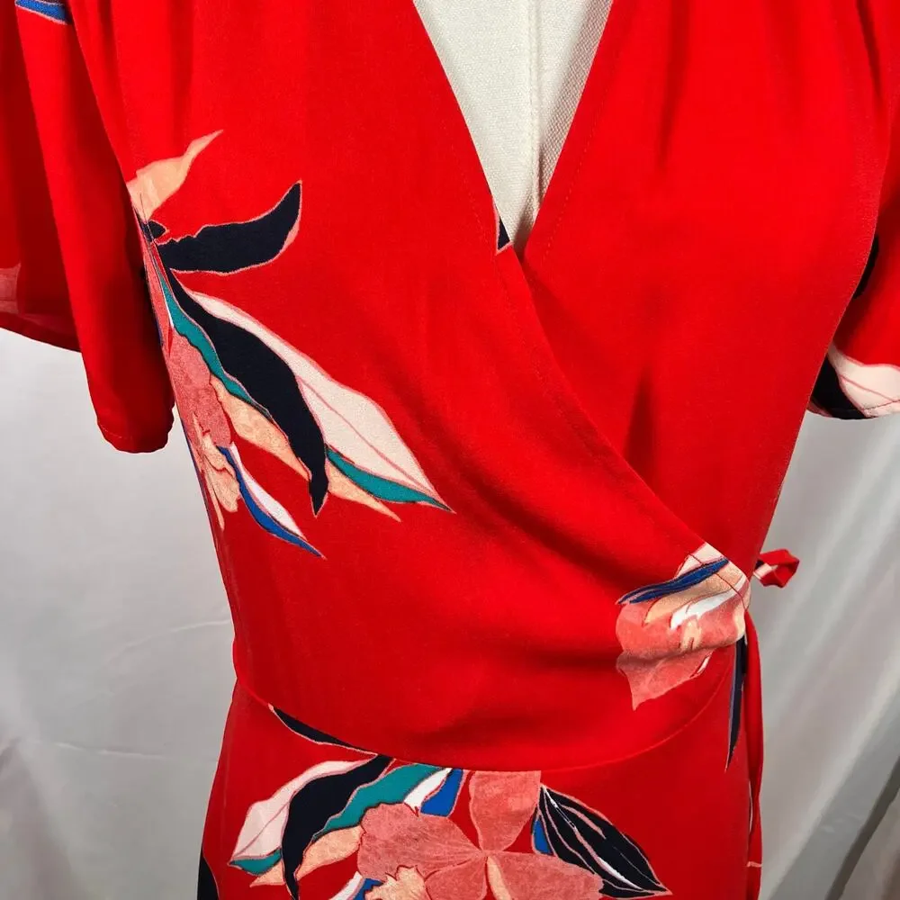 A New Day Red Floral Wrap Midi Dress XS Blue Pink‎ Tie Waist Short Sleeve New